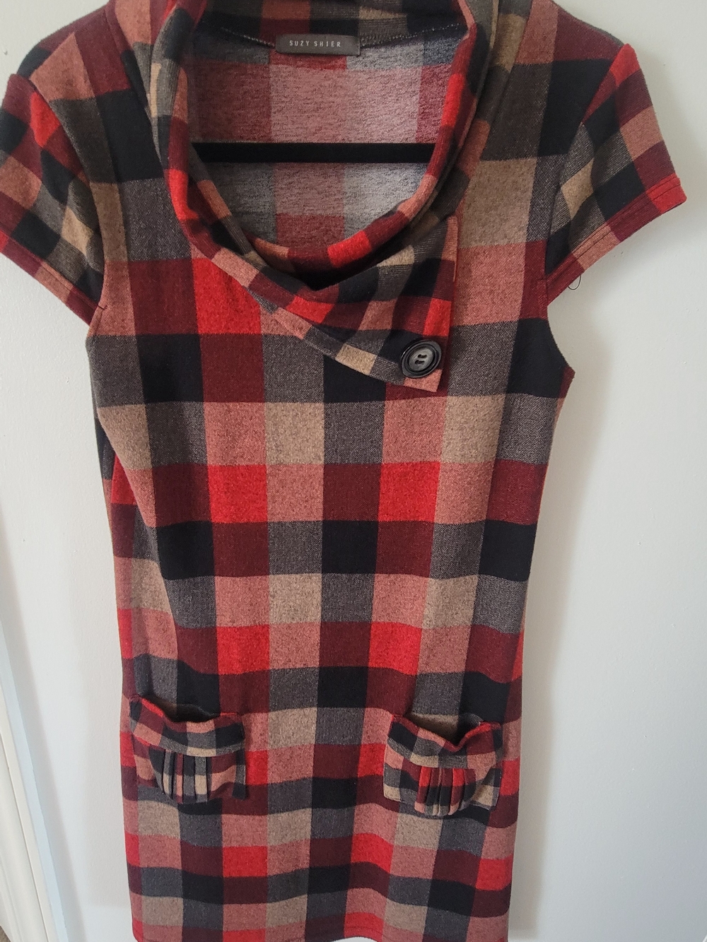 Suzy Shier Red Black Plaid Pocket Sweater Dress